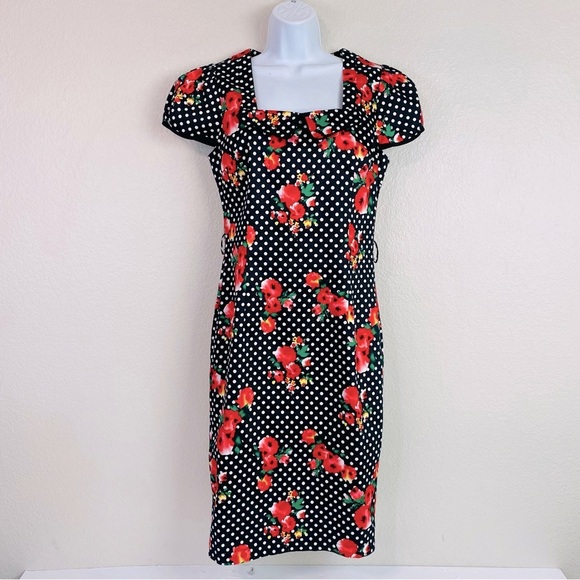 Voodoo Vixen Rockabilly Retro Polka Dot Floral Pin Up Pencil Dress Size L - Picture 2 of 8